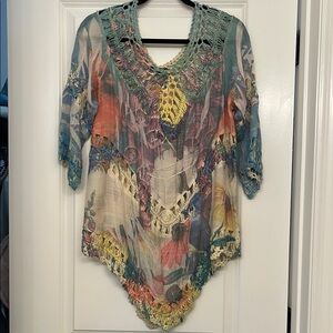 Vibrant Blue and Pink Asymmetrical Tunic with 3/4 Sleeves and Cut Out Details